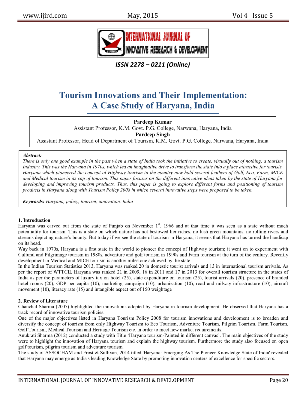 Tourism Innovations and Their Implementation: a Case Study of Haryana, India