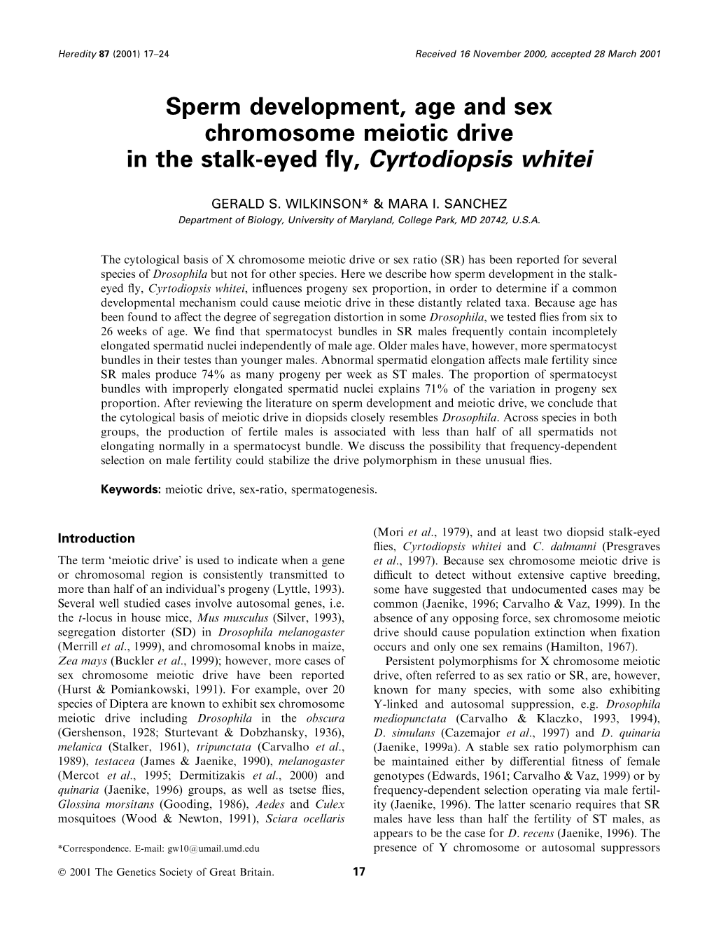 Sperm Development, Age and Sex Chromosome Meiotic Drive in the Stalk-Eyed Fly, Cyrtodiopsis Whitei