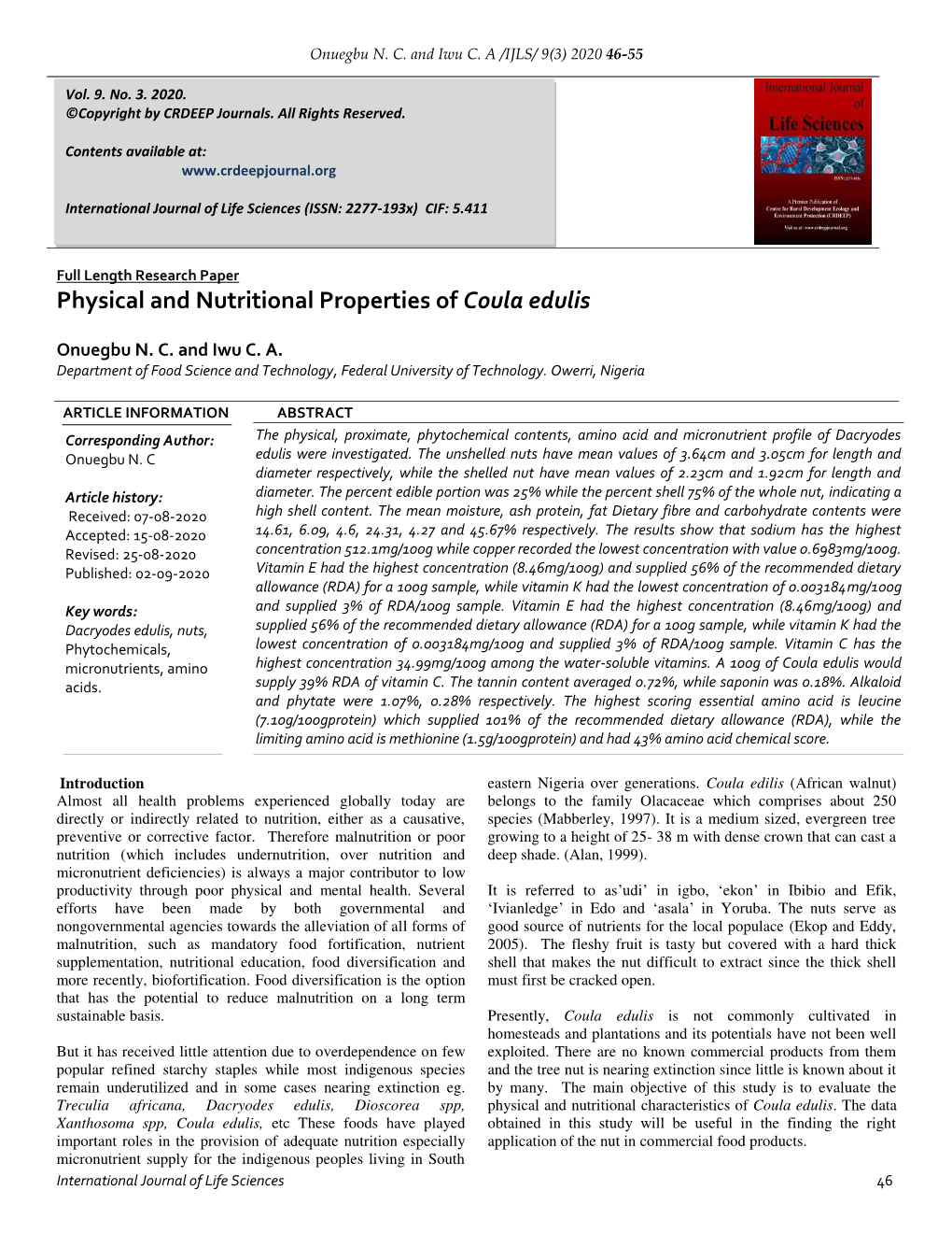 Physical and Nutritional Properties of Coula Edulis