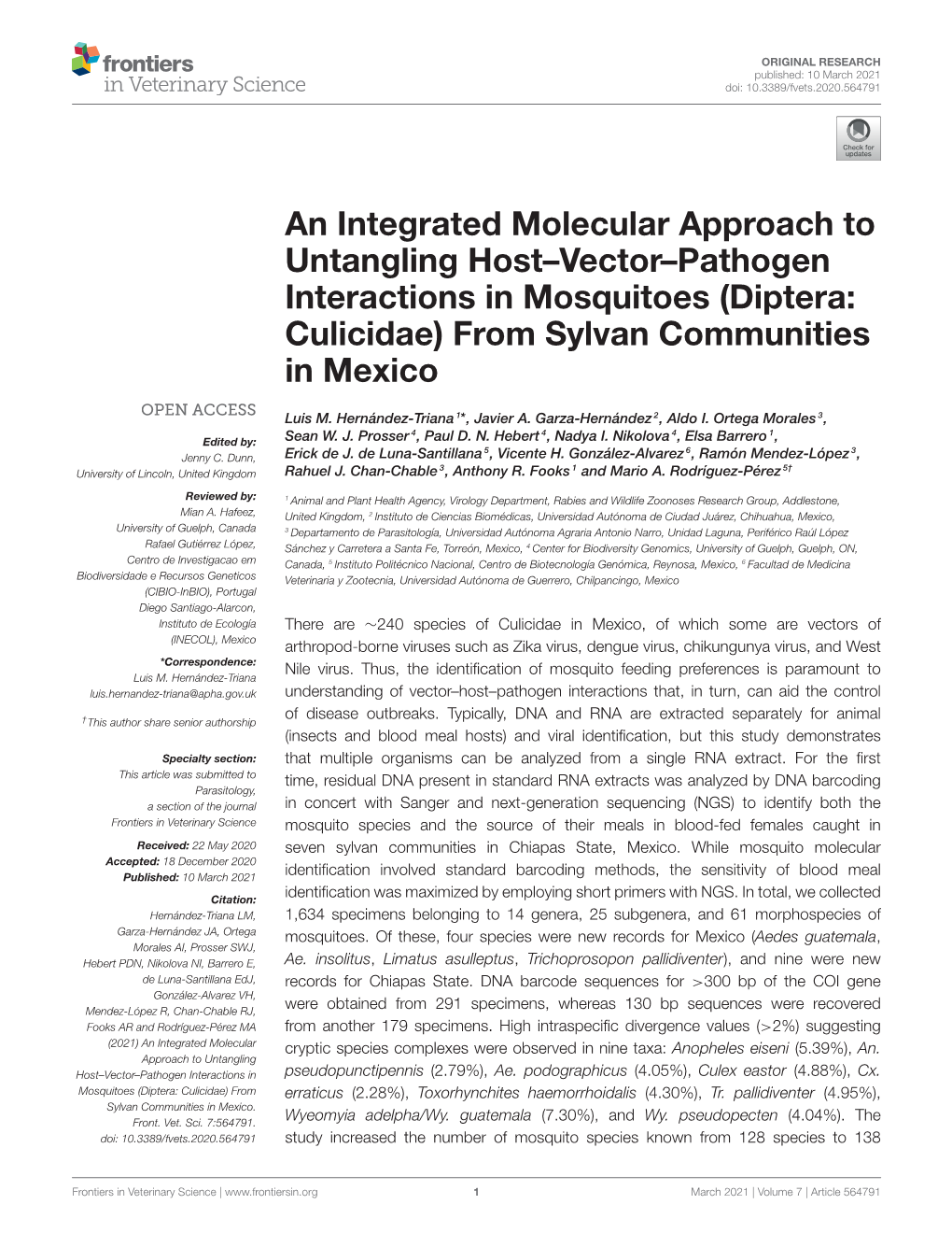 An Integrated Molecular Approach to Untangling Host–Vector–Pathogen Interactions in Mosquitoes (Diptera: Culicidae) from Sylvan Communities in Mexico