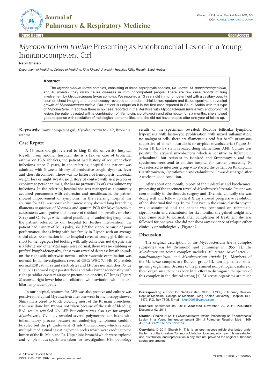 Mycobacterium Triviale Presenting As Endobronchial Lesion in a Young