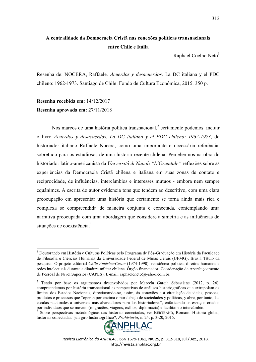 312 a Centralidade Da Democracia Cristã Nas Conexões Políticas Transnacionais Entre Chile E Itália Raphael Coelho Neto Resen