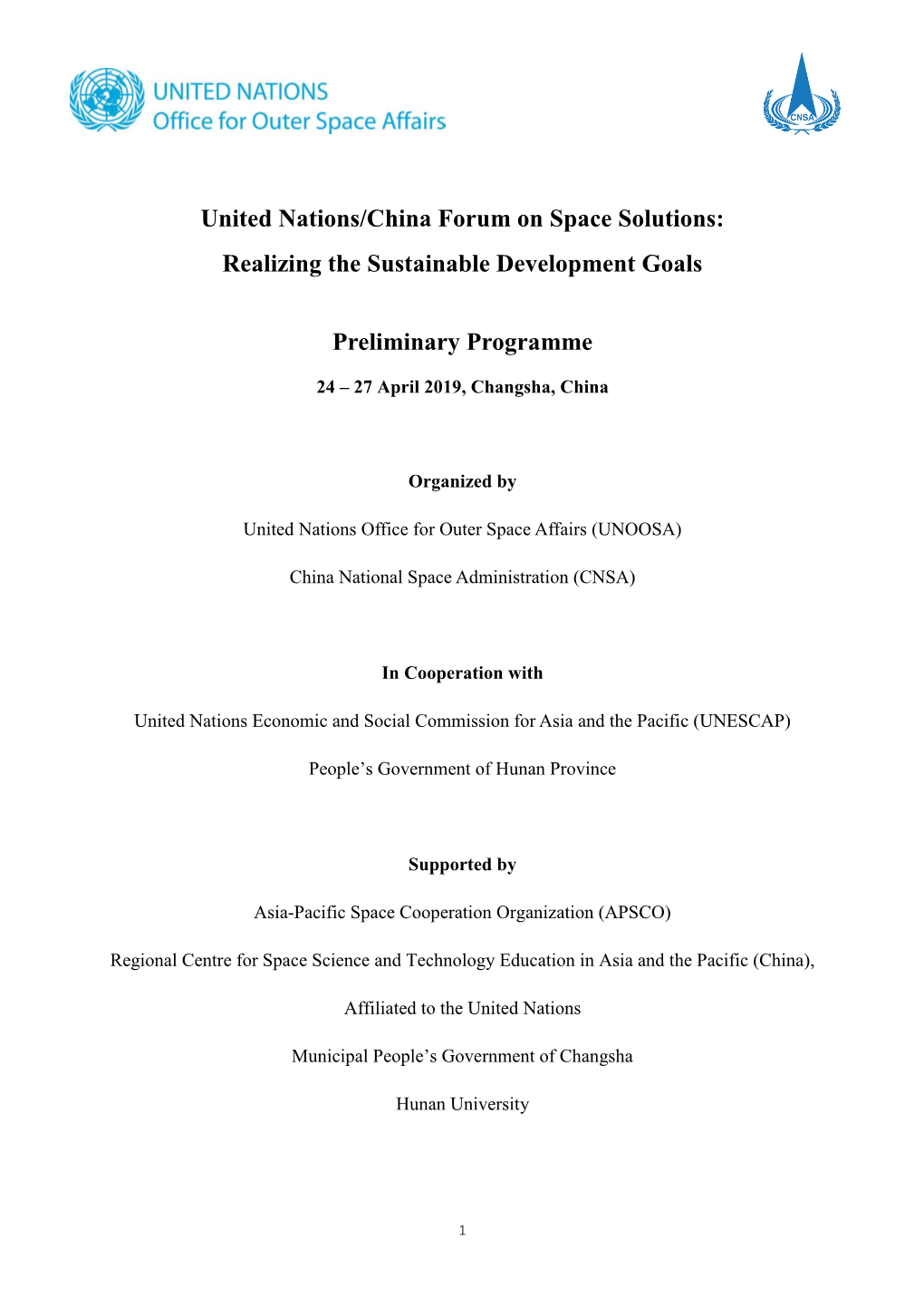 United Nations/China Forum on Space Solutions: Realizing the Sustainable Development Goals