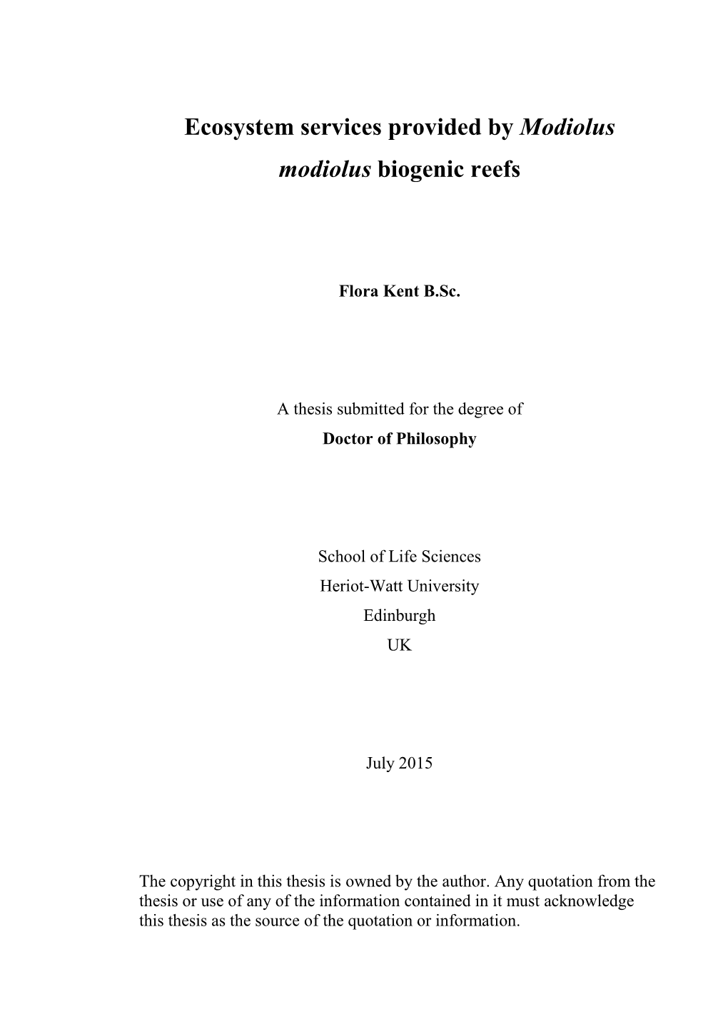 Ecosystem Services Provided by Modiolus Modiolus Biogenic Reefs