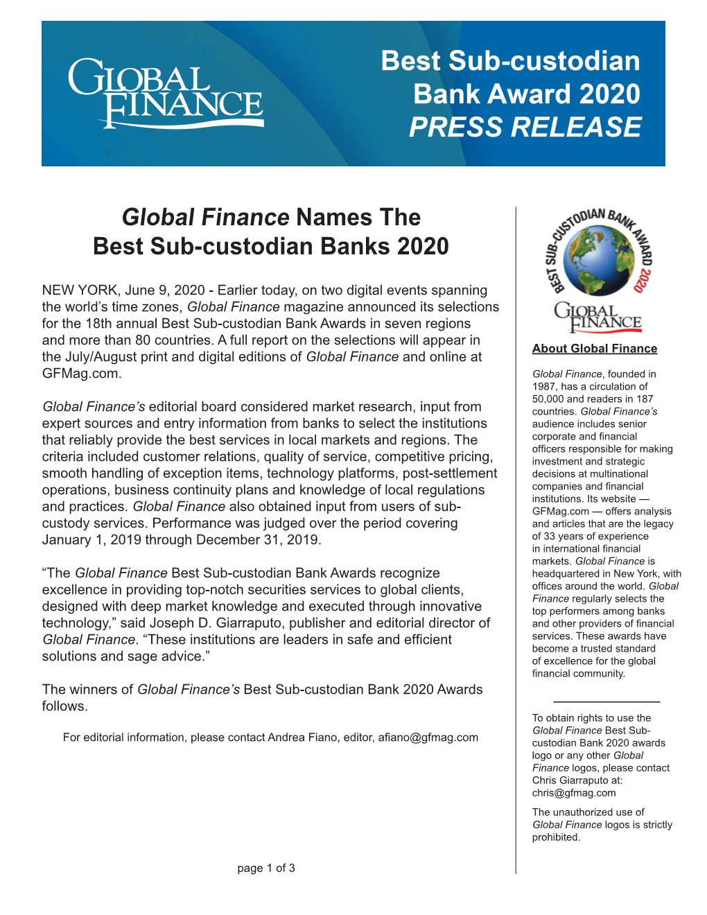 Global Finance Names the Best Sub-Custodian Banks 2020