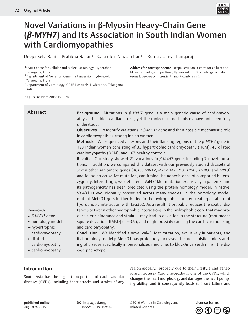 Novel Variations in Β-Myosin Heavy-Chain Gene (Β-MYH7) and Its Association in South Indian Women with Cardiomyopathies