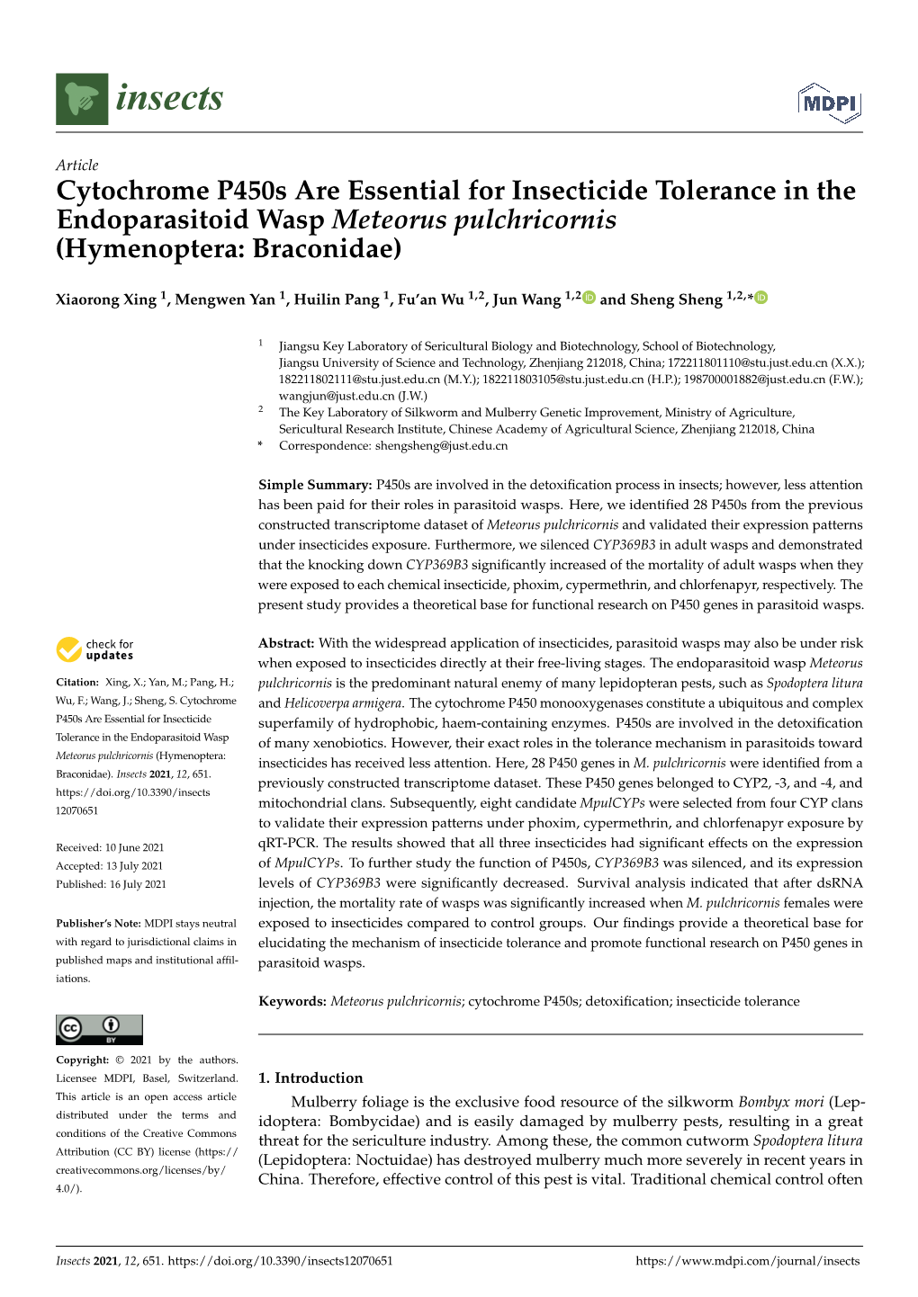 Cytochrome P450s Are Essential for Insecticide Tolerance in the Endoparasitoid Wasp Meteorus Pulchricornis (Hymenoptera: Braconidae)