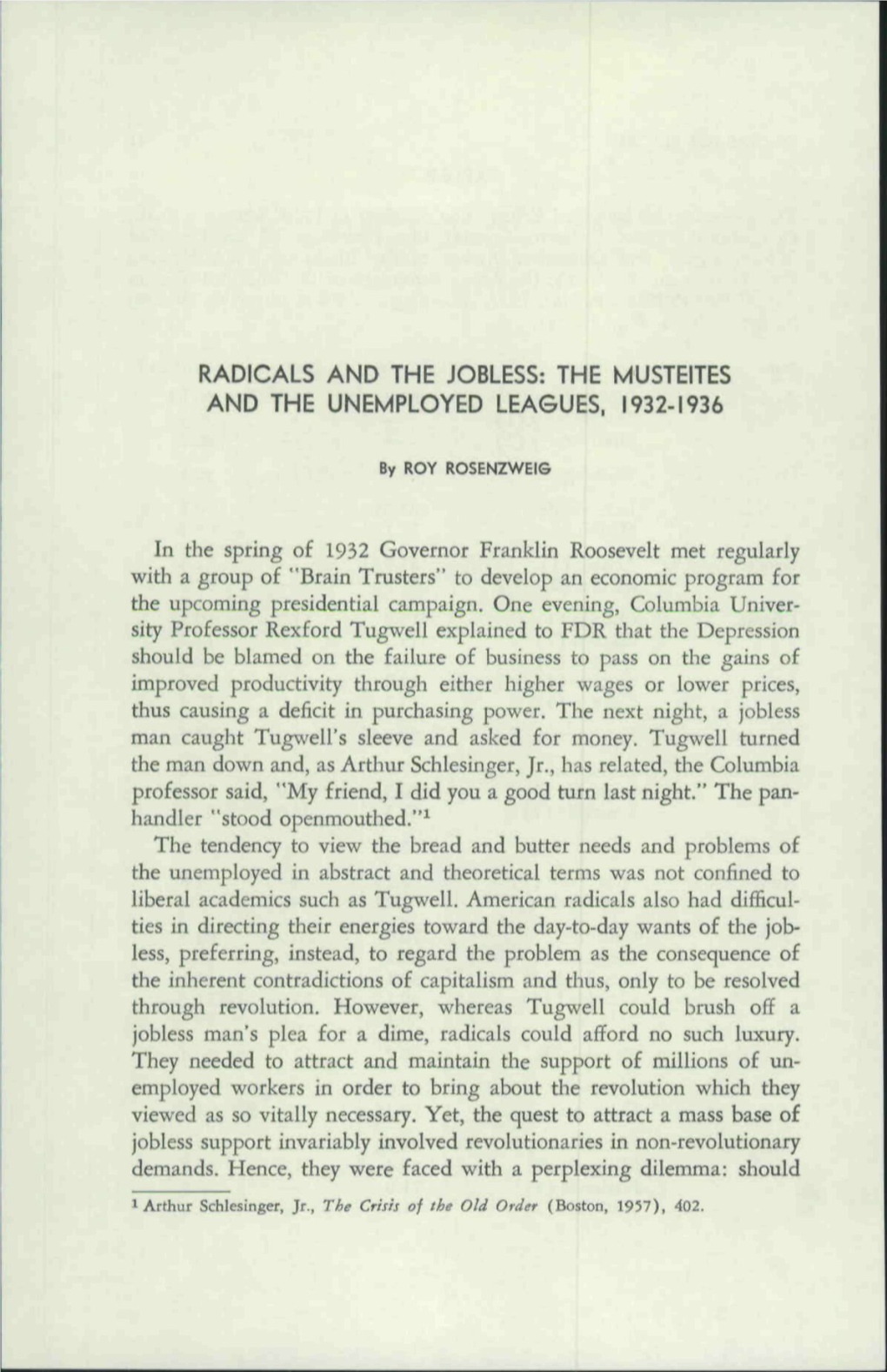 Radicals and the Jobless: the Musteites and the Unemployed Leagues, 1932-1936