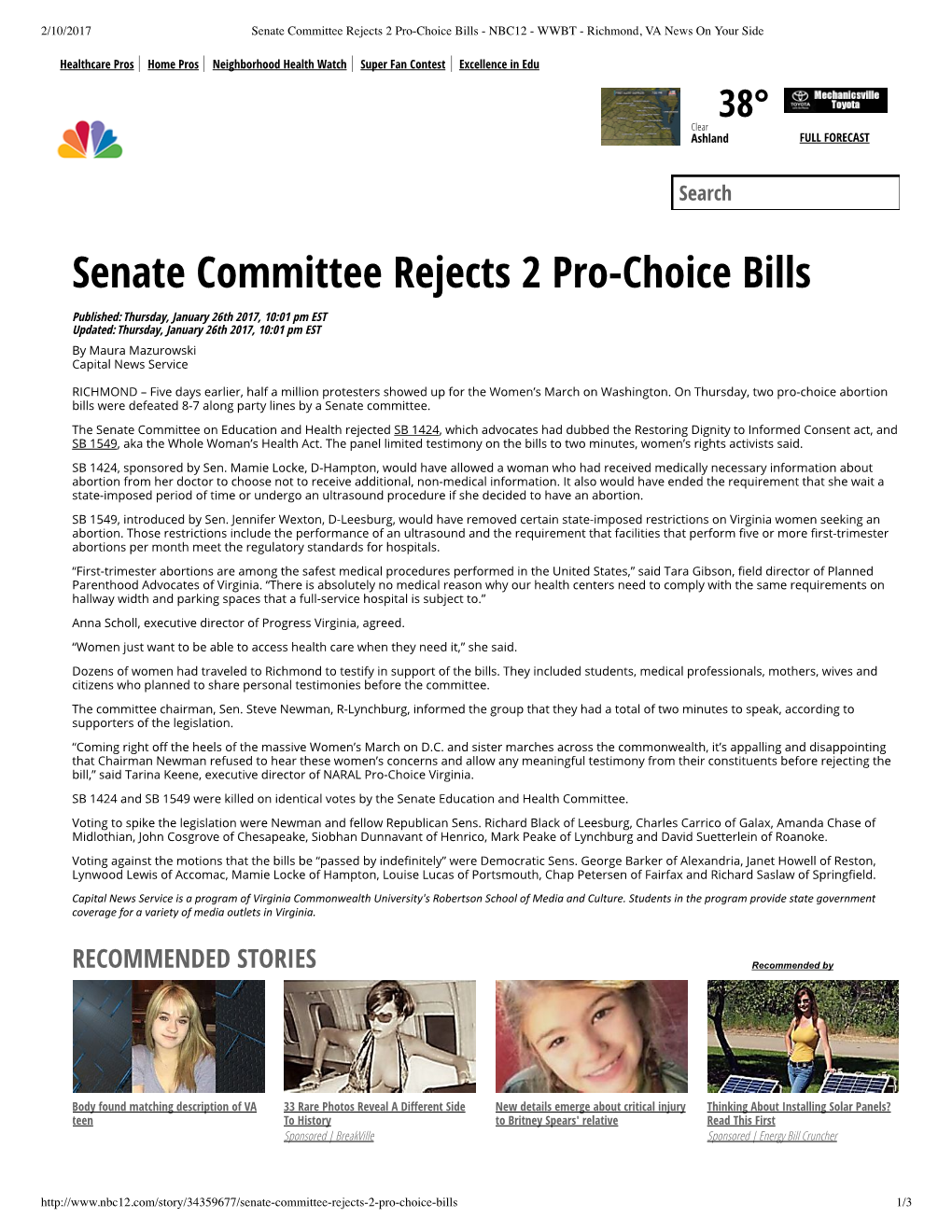 Senate Committee Rejects 2 Pro-Choice Bills - NBC12 - WWBT - Richmond, VA News on Your Side