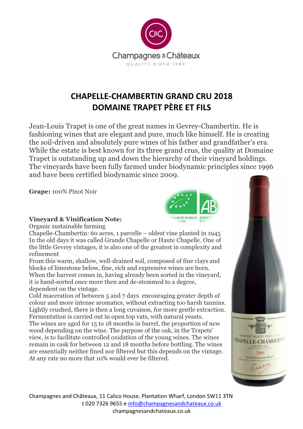 Chapelle-Chambertin Grand Cru 2018 Domaine Trapet Père Et Fils