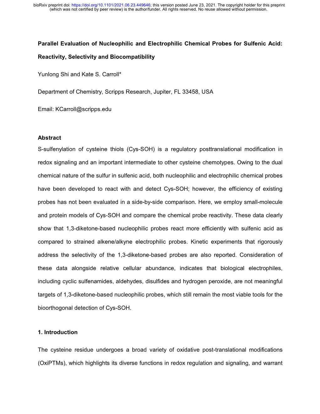 Parallel Evaluation of Nucleophilic and Electrophilic Chemical Probes for Sulfenic Acid