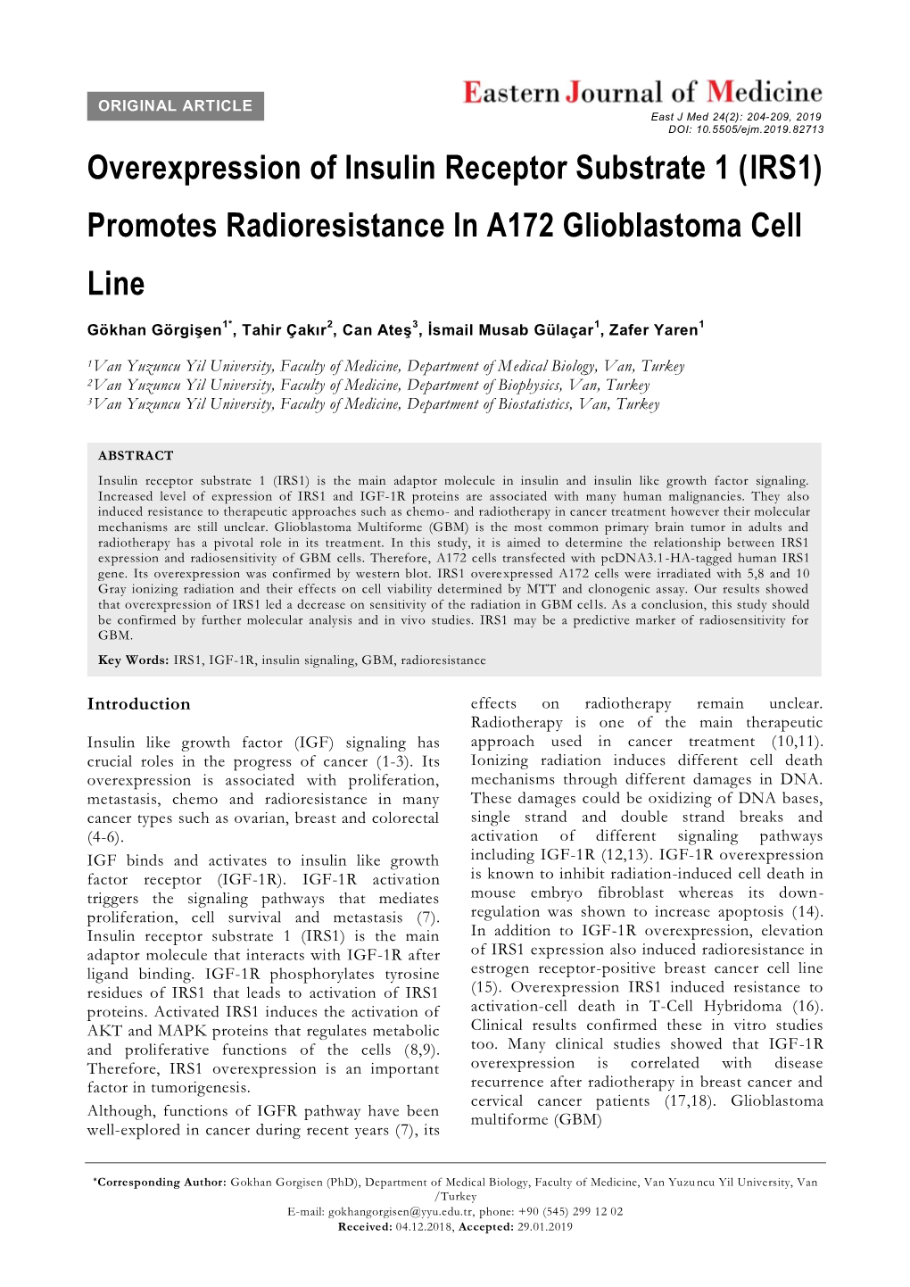 Overexpression of Insulin Receptor Substrate 1 (IRS1) Promotes Radioresistance in A172 Glioblastoma Cell Line