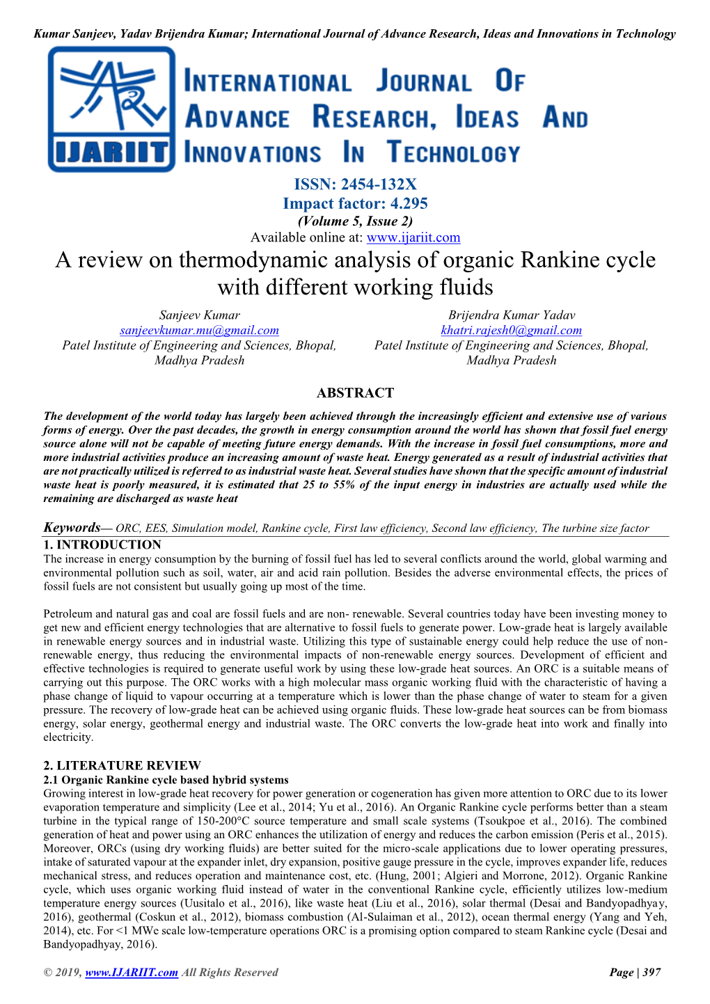 A Review on Thermodynamic Analysis of Organic Rankine Cycle With