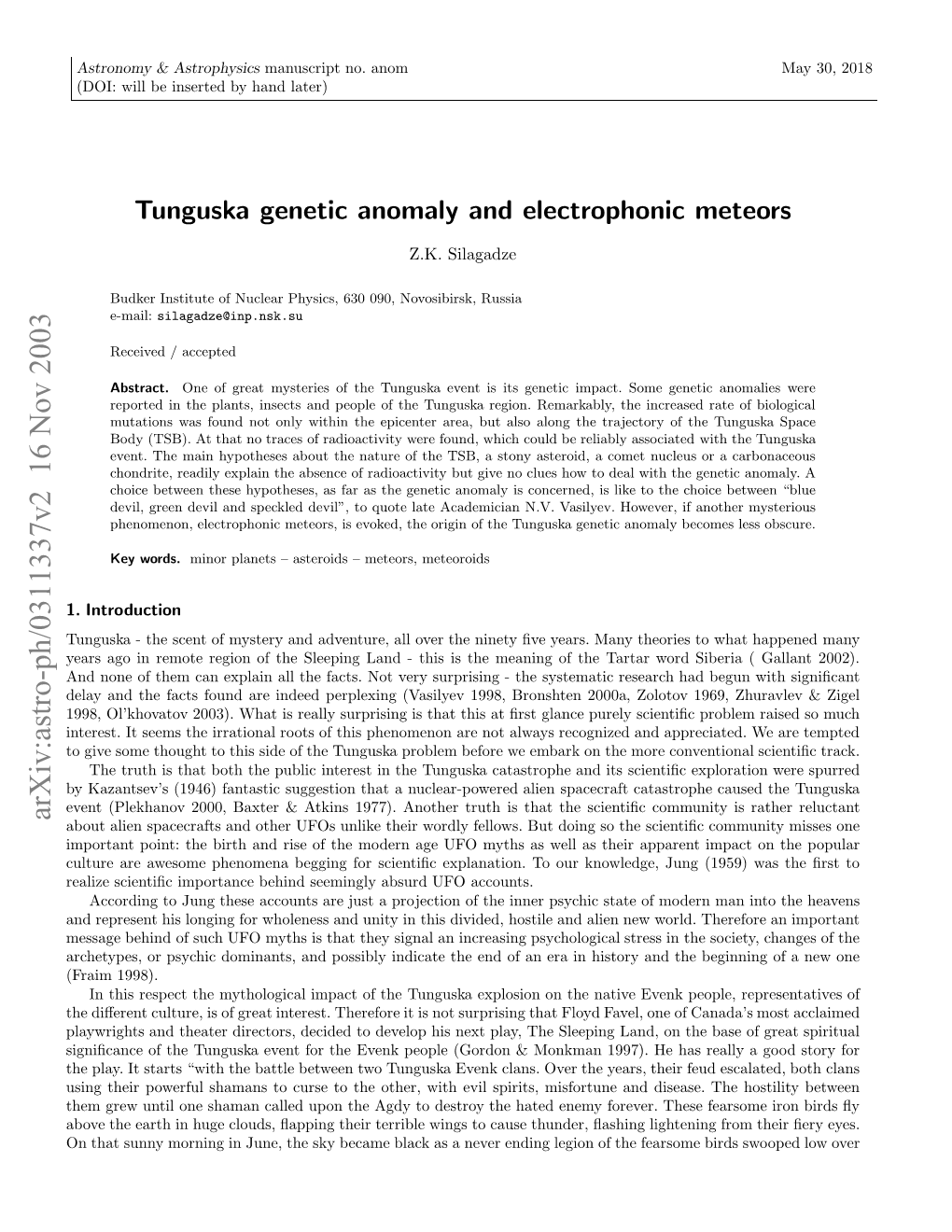 Tunguska Genetic Anomaly and Electrophonic Meteors the Unfortunate Shanyagir Clan