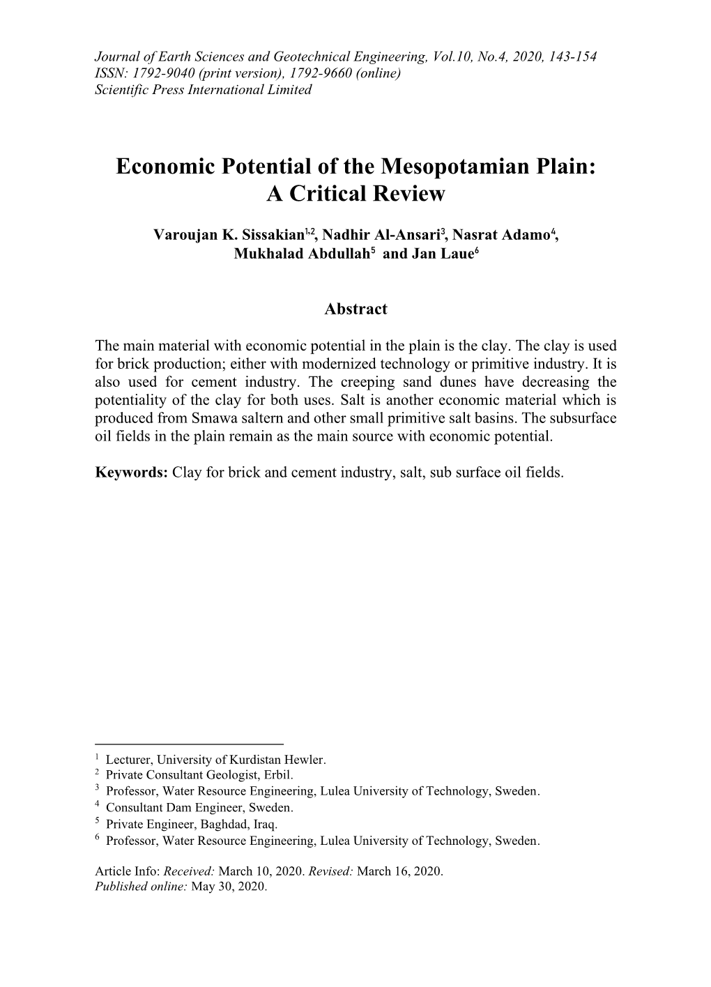 Economic Potential of the Mesopotamian Plain: a Critical Review