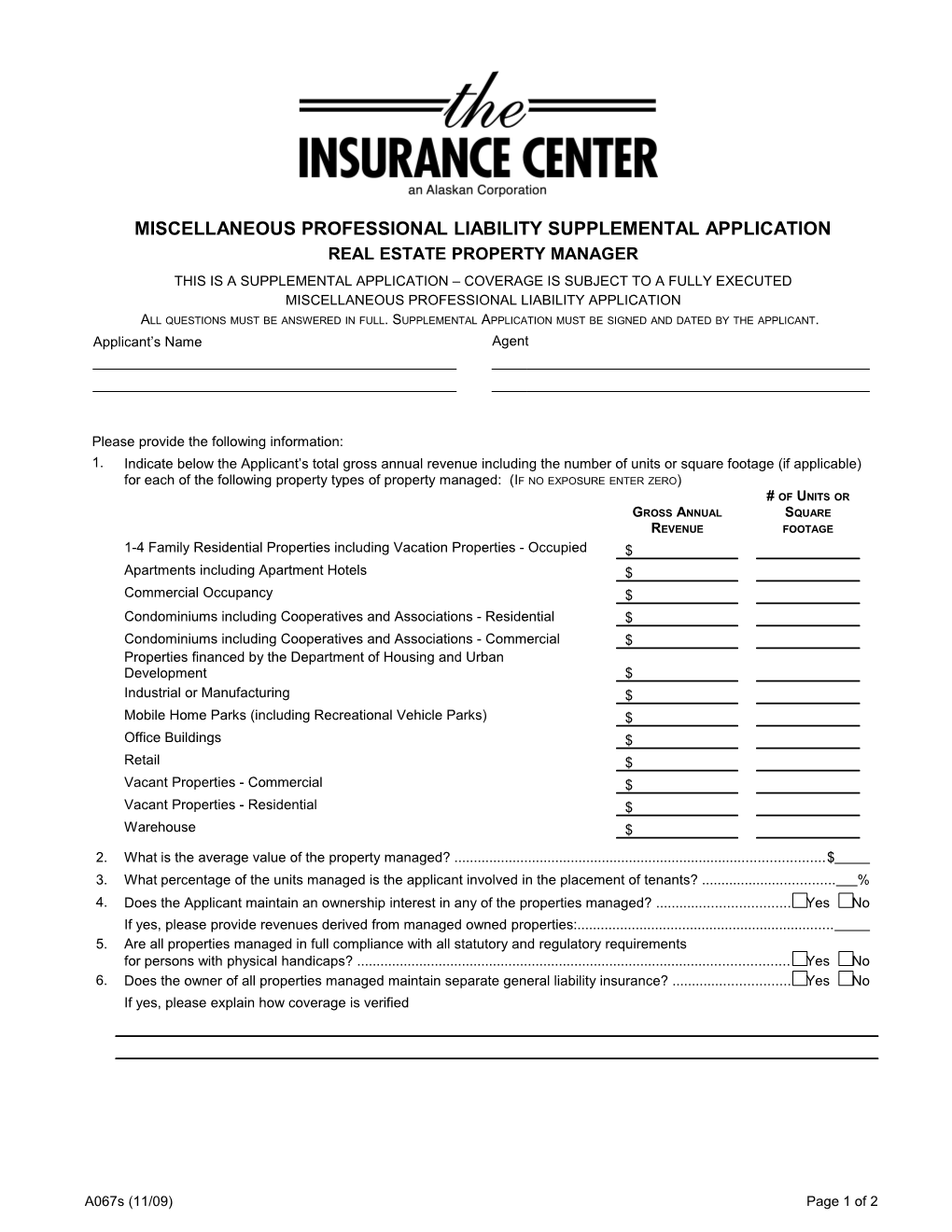 Miscellaneous Professional Liability Supplemental Application