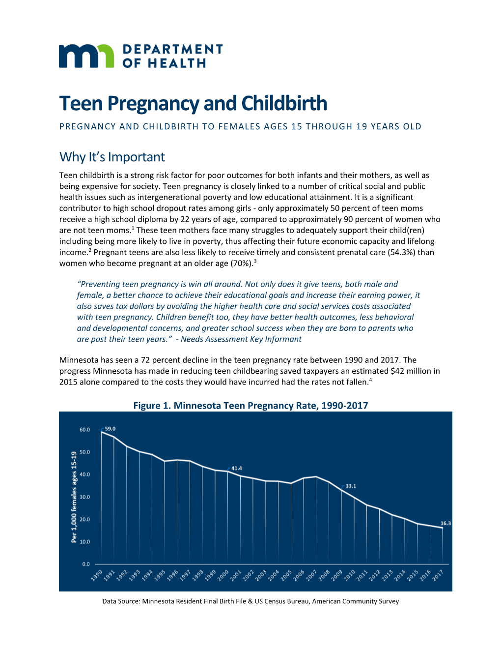 Teen Pregnancy and Childbirth PREGNANCY and CHILDBIRTH to FEMALES AGES 15 THROUGH 19 YEARS OLD