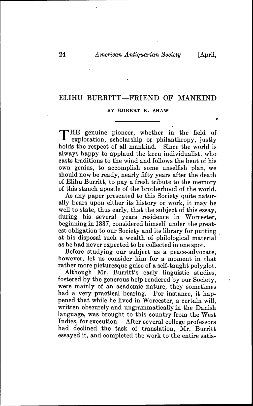 Elihu Burritt—Friend of Mankind by Robert K