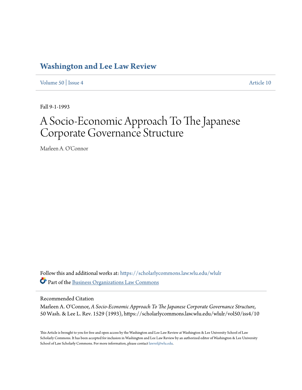A Socio-Economic Approach to the Japanese Corporate Governance Structure, 50 Wash