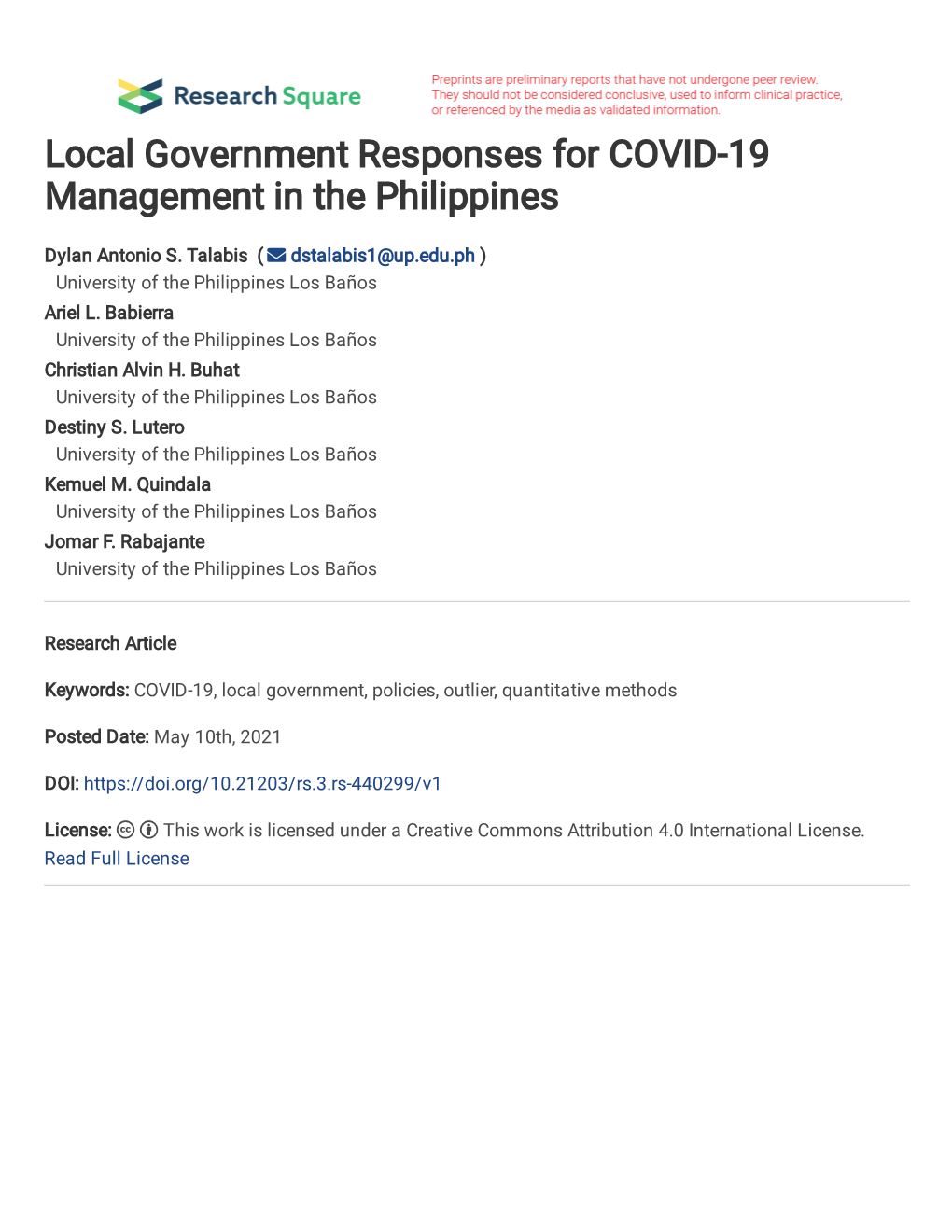 Local Government Responses for COVID-19 Management in the Philippines