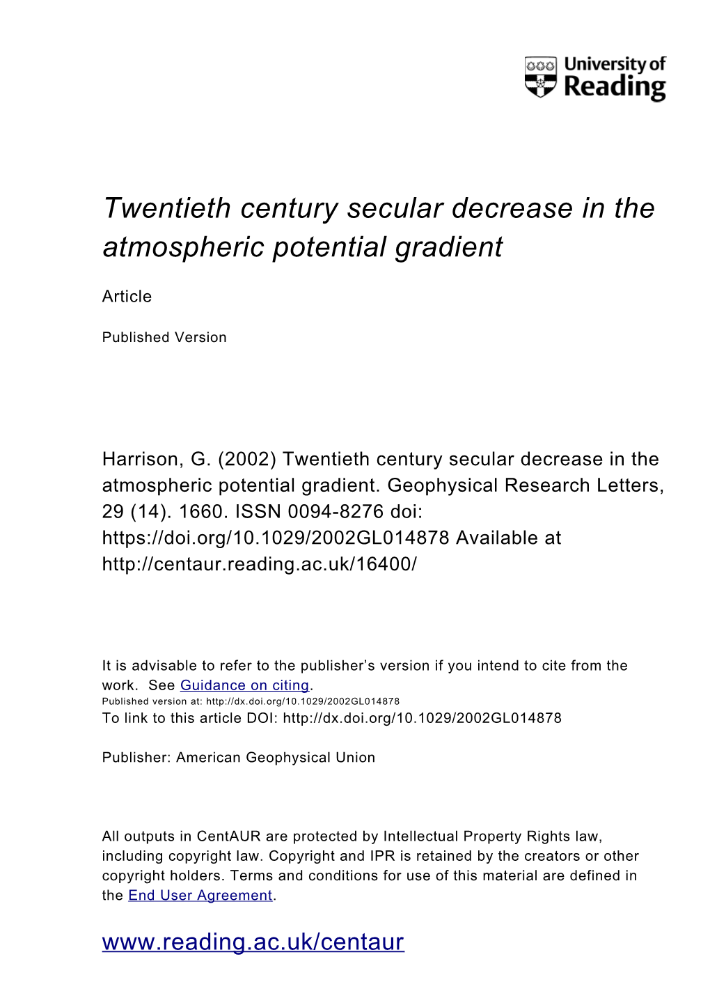 Twentieth Century Secular Decrease in the Atmospheric Potential Gradient