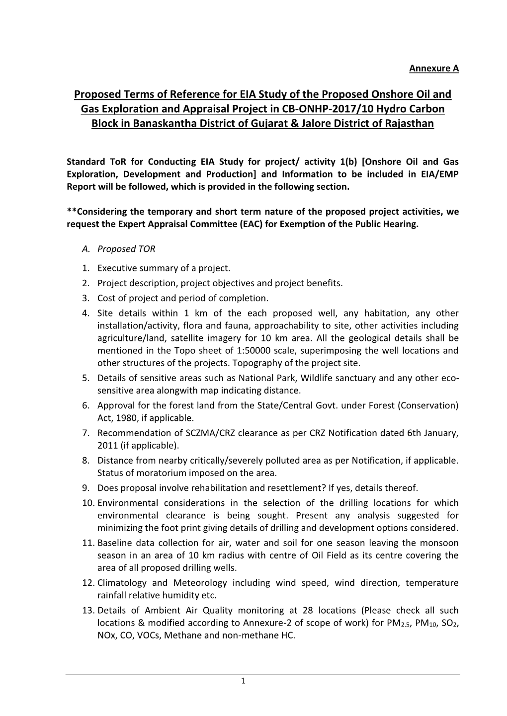 Proposed Terms of Reference for EIA Study Of