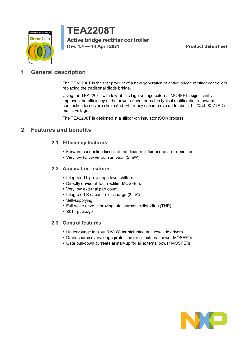 Active Bridge Rectifier Controller TEA2208T Data Sheet