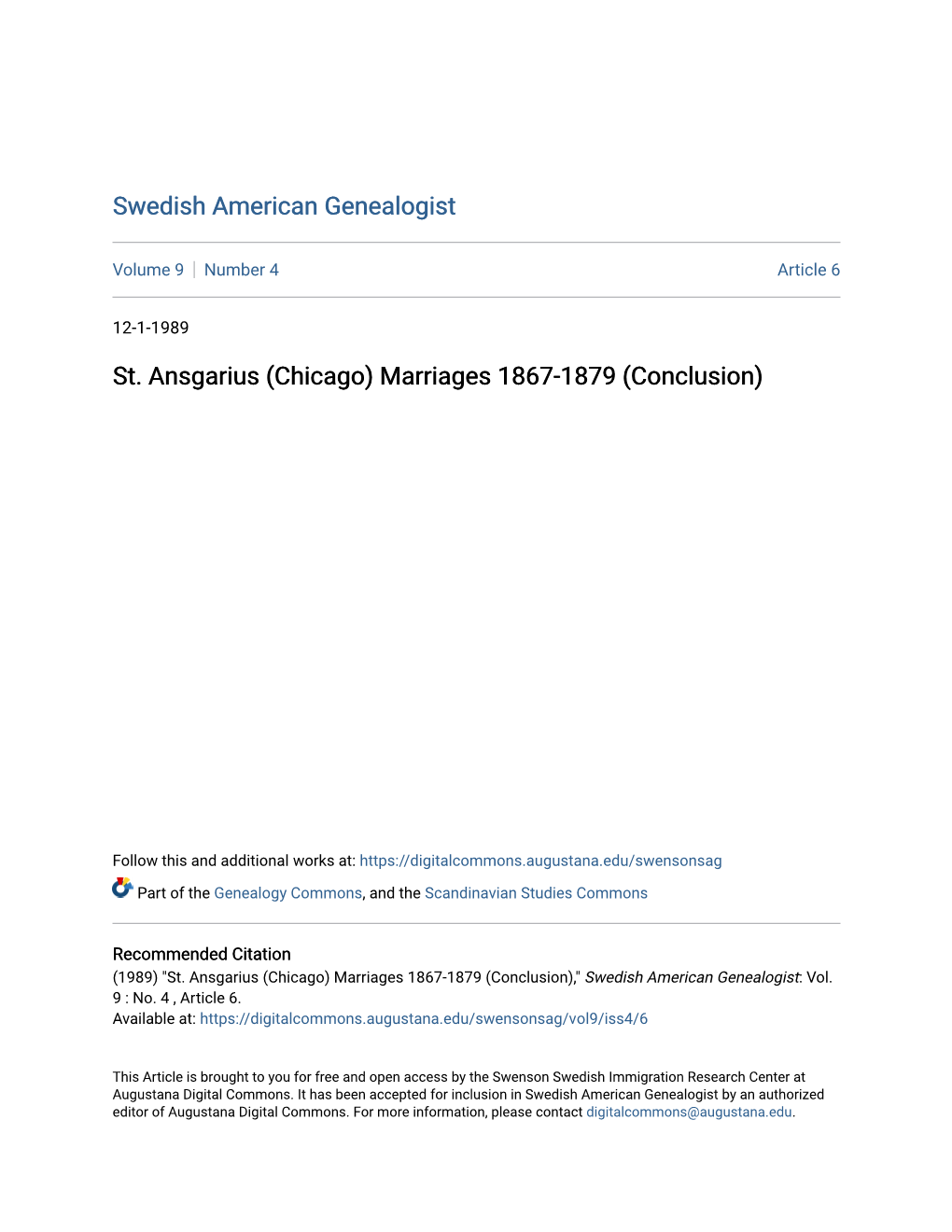St. Ansgarius (Chicago) Marriages 1867-1879 (Conclusion)