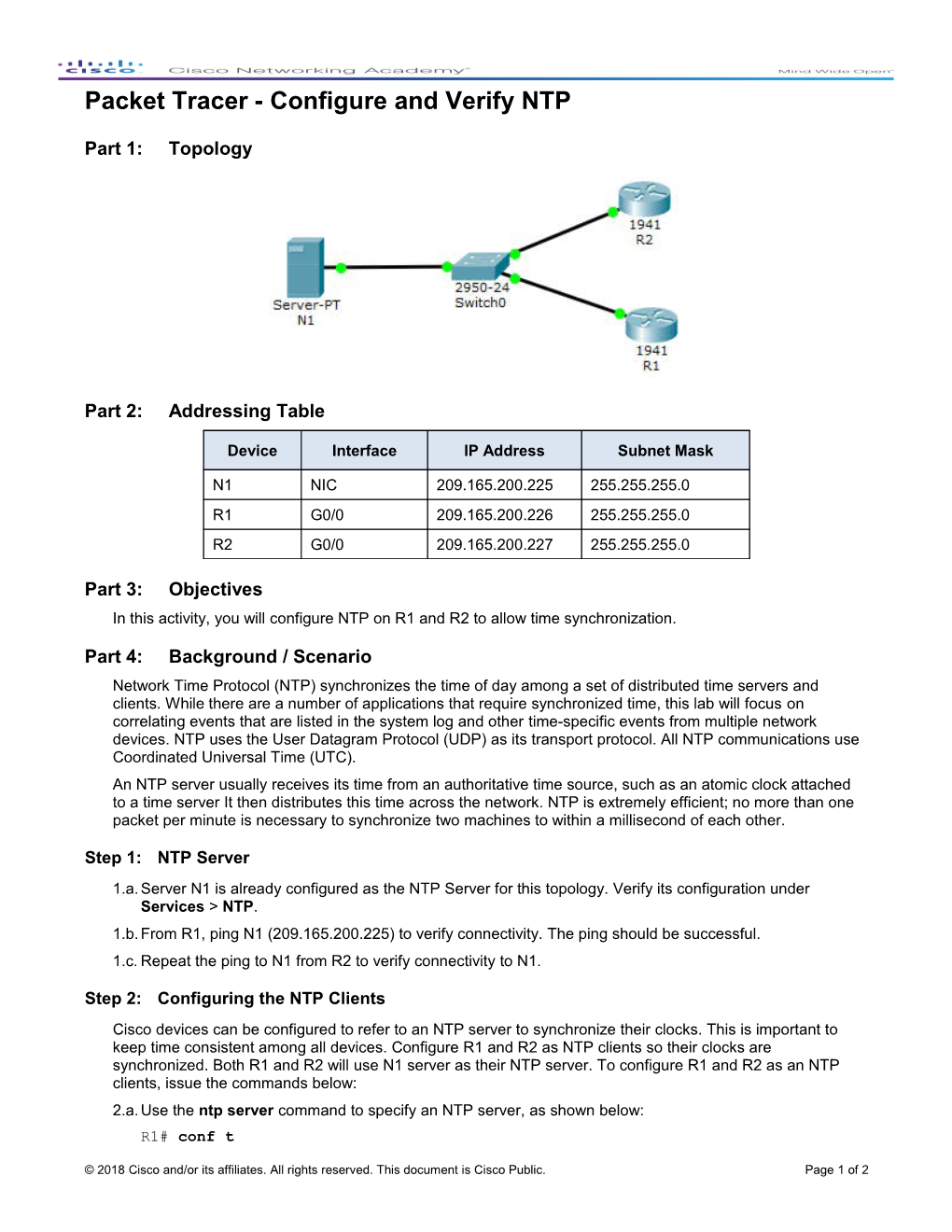 Packet Tracer - Configure and Verify NTP