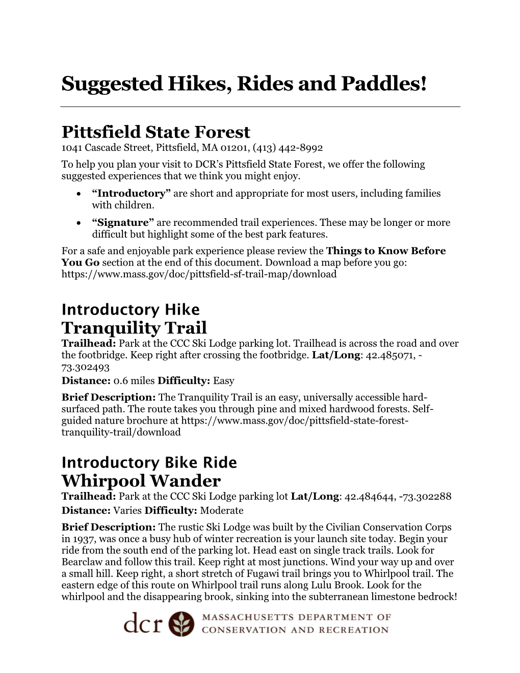 Suggested Hikes, Rides and Paddles!