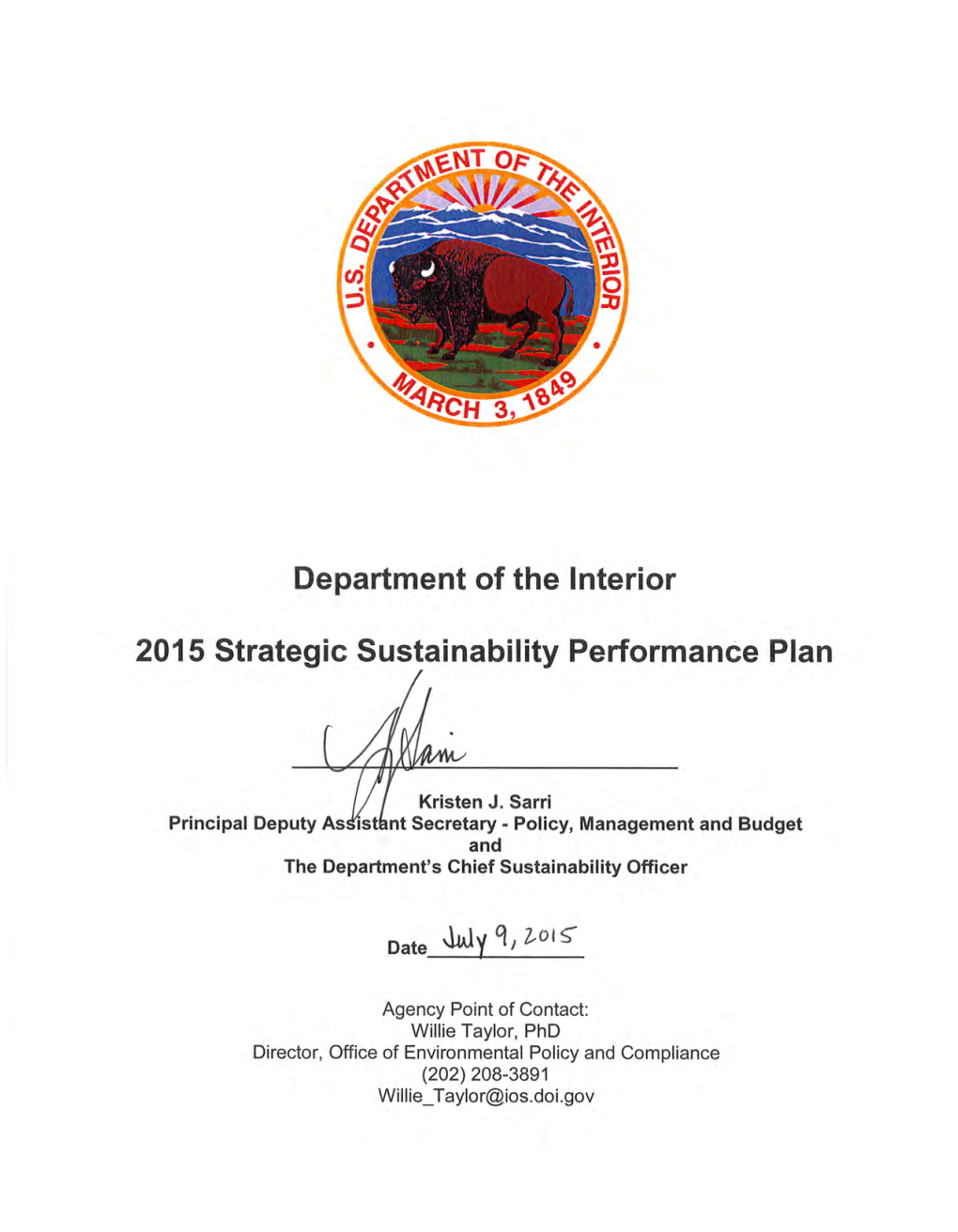 Department of the Interior 2015 Strategic Sustainability Performance Plan Executive Summary