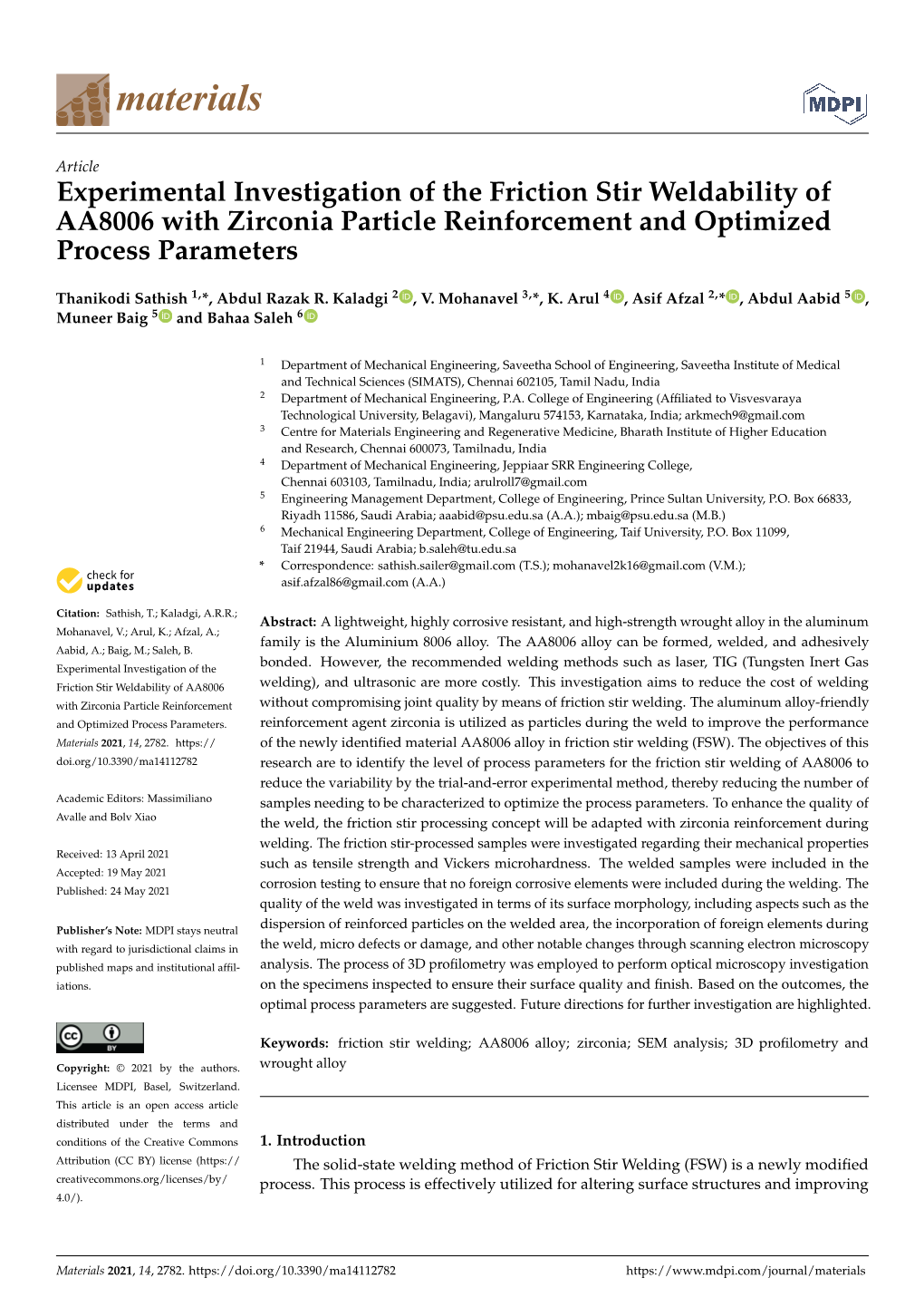 Experimental Investigation of the Friction Stir Weldability of AA8006 with Zirconia Particle Reinforcement and Optimized Process Parameters