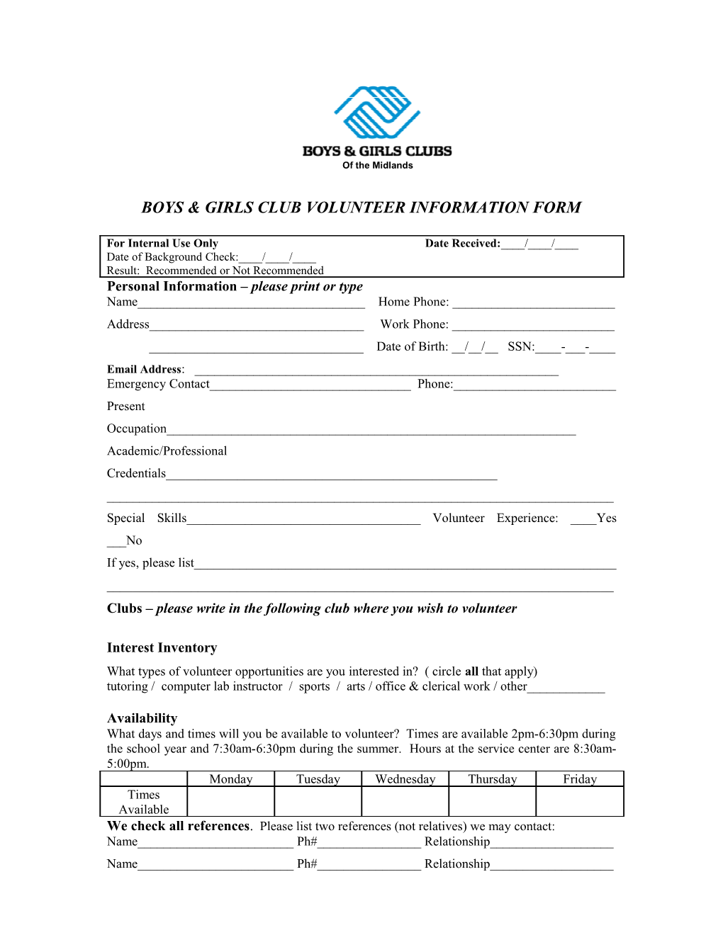 Boys & Girls Club Volunteer Information Form