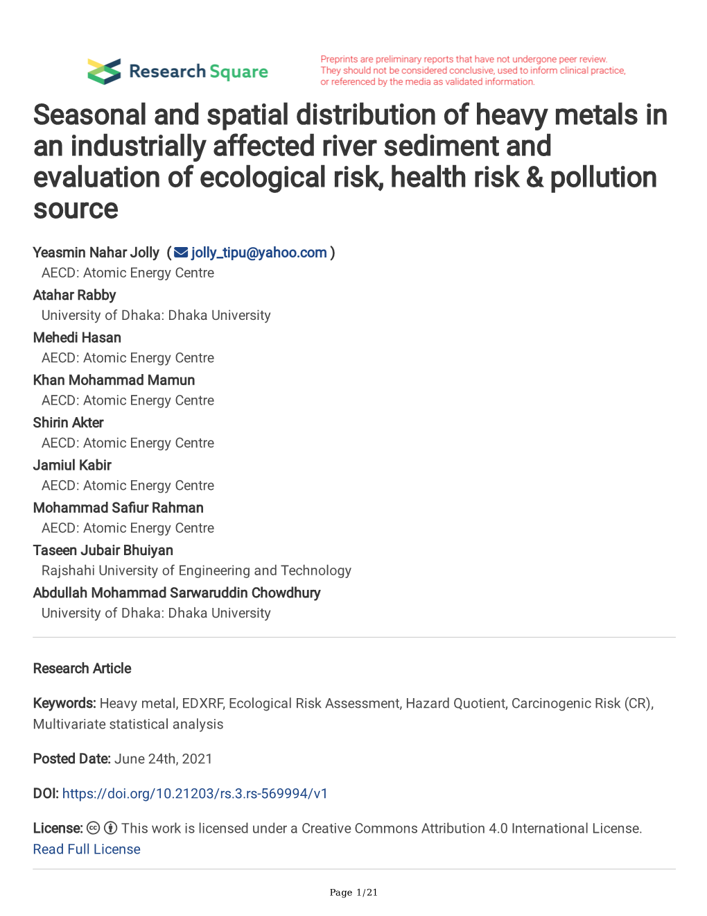 Seasonal and Spatial Distribution of Heavy Metals in an Industrially Affected River Sediment and Evaluation of Ecological Risk, Health Risk & Pollution Source
