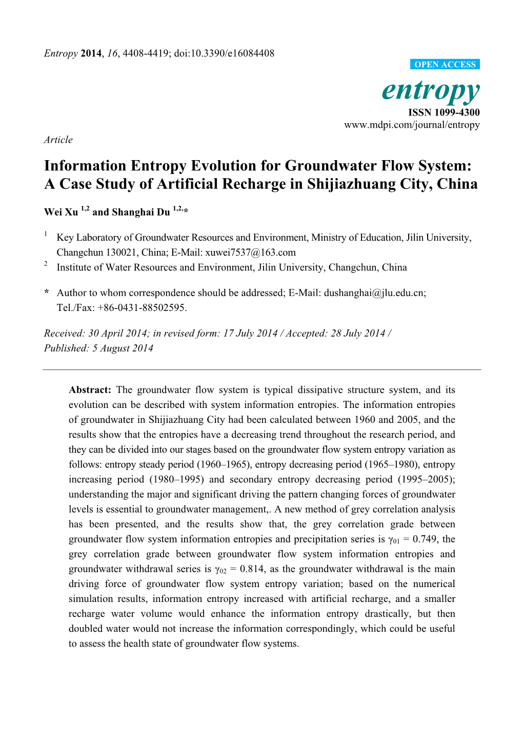 Information Entropy Evolution for Groundwater Flow System: a Case Study of Artificial Recharge in Shijiazhuang City, China
