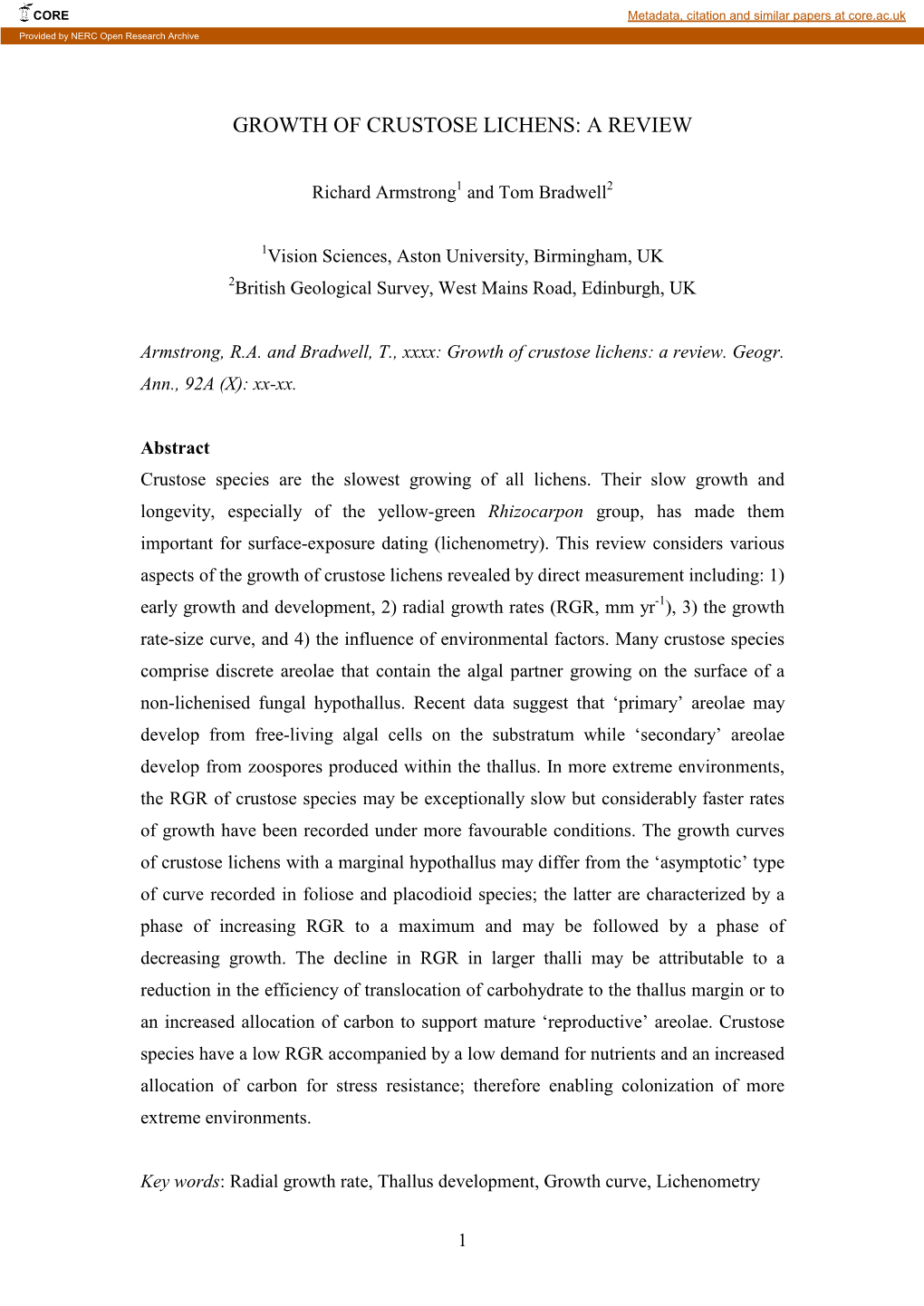 Growth of Crustose Lichens: a Review