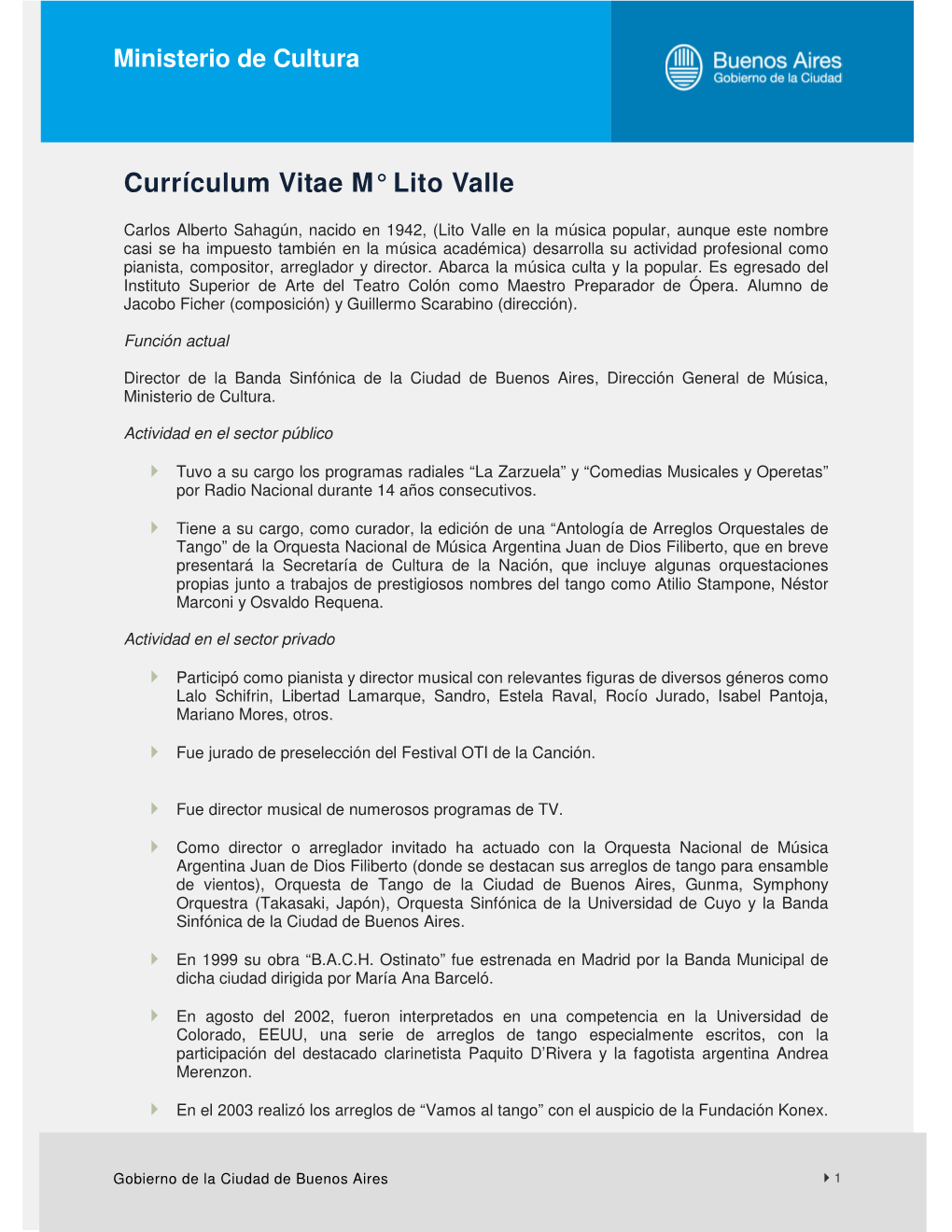 Currículum Vitae M° Lito Valle