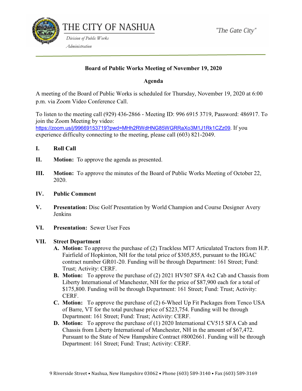 Board of Public Works Meeting of November 19, 2020 Agenda A