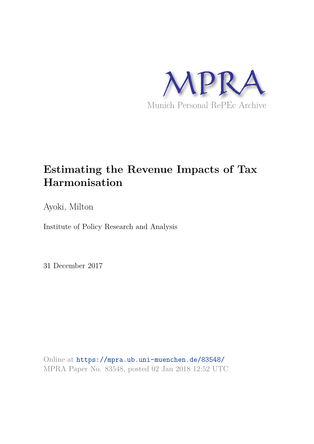 Estimating the Revenue Impacts of Tax Harmonisation