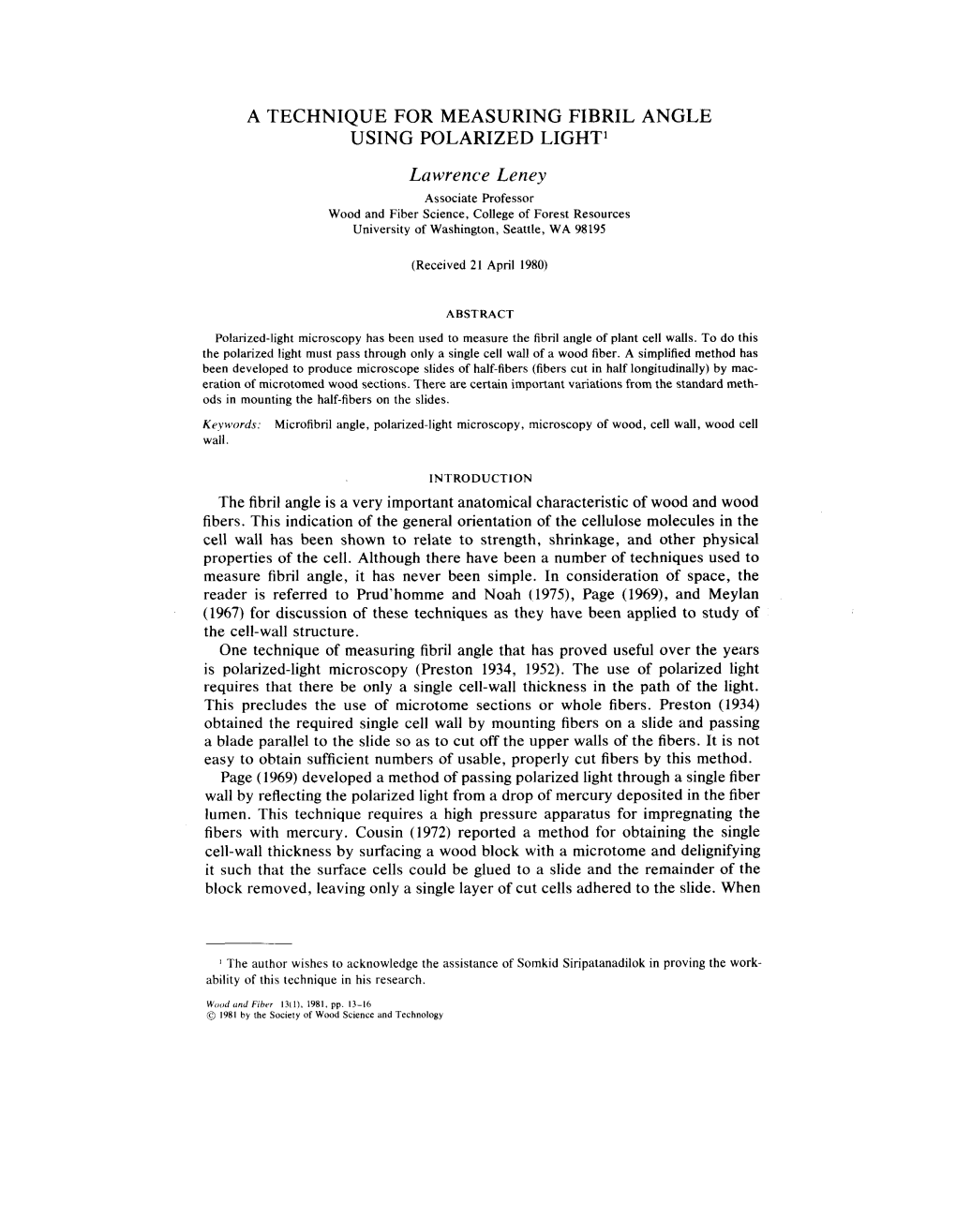 A Technique for Measuring Fibril Angle Using Polarized Light1