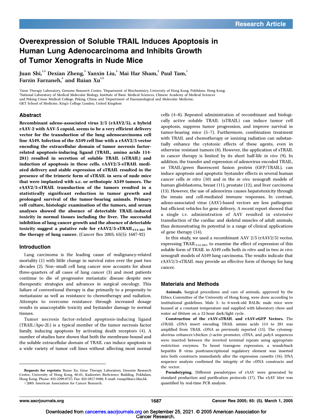 Overexpression of Soluble TRAIL Induces Apoptosis in Human Lung Adenocarcinoma and Inhibits Growth of Tumor Xenografts in Nude Mice