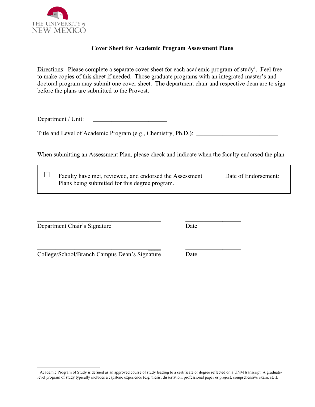 Cover Sheet for Academic Program Assessment Plans