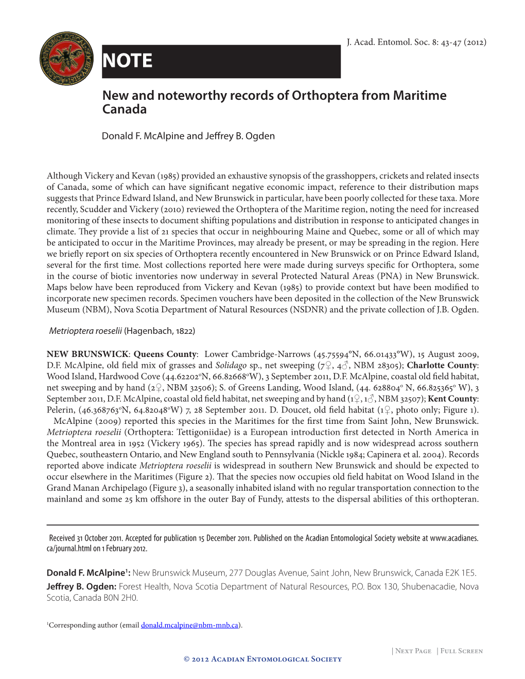 New and Noteworthy Records of Orthoptera from Maritime Canada