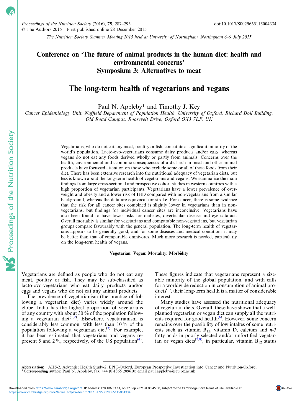 Proceedings of the Nutrition Society the Long-Term Health of Vegetarians and Vegans