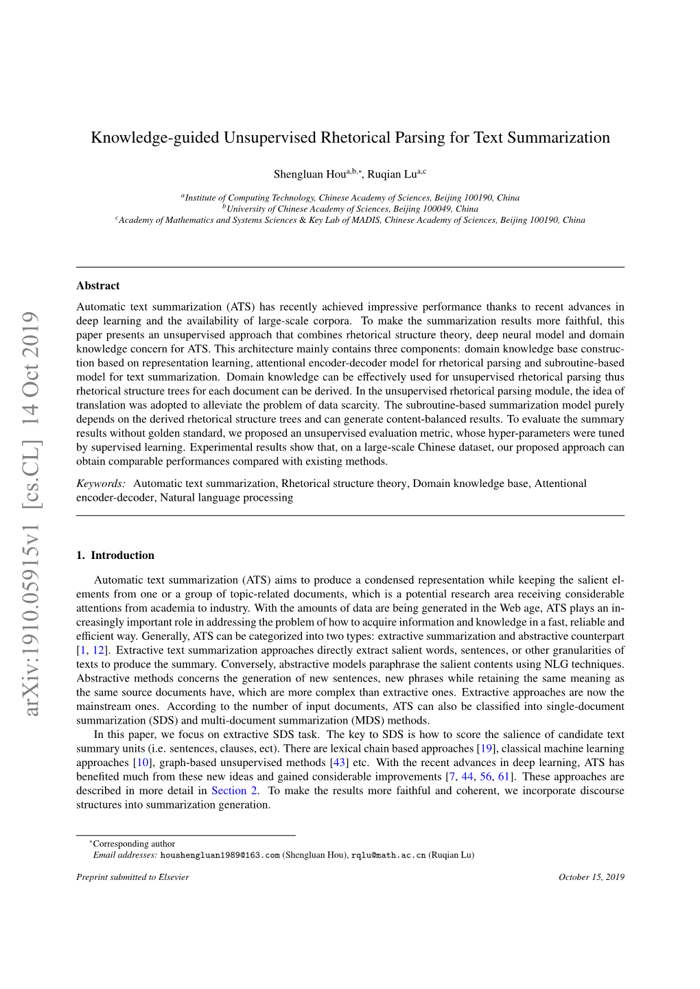 Knowledge-Guided Unsupervised Rhetorical Parsing for Text Summarization