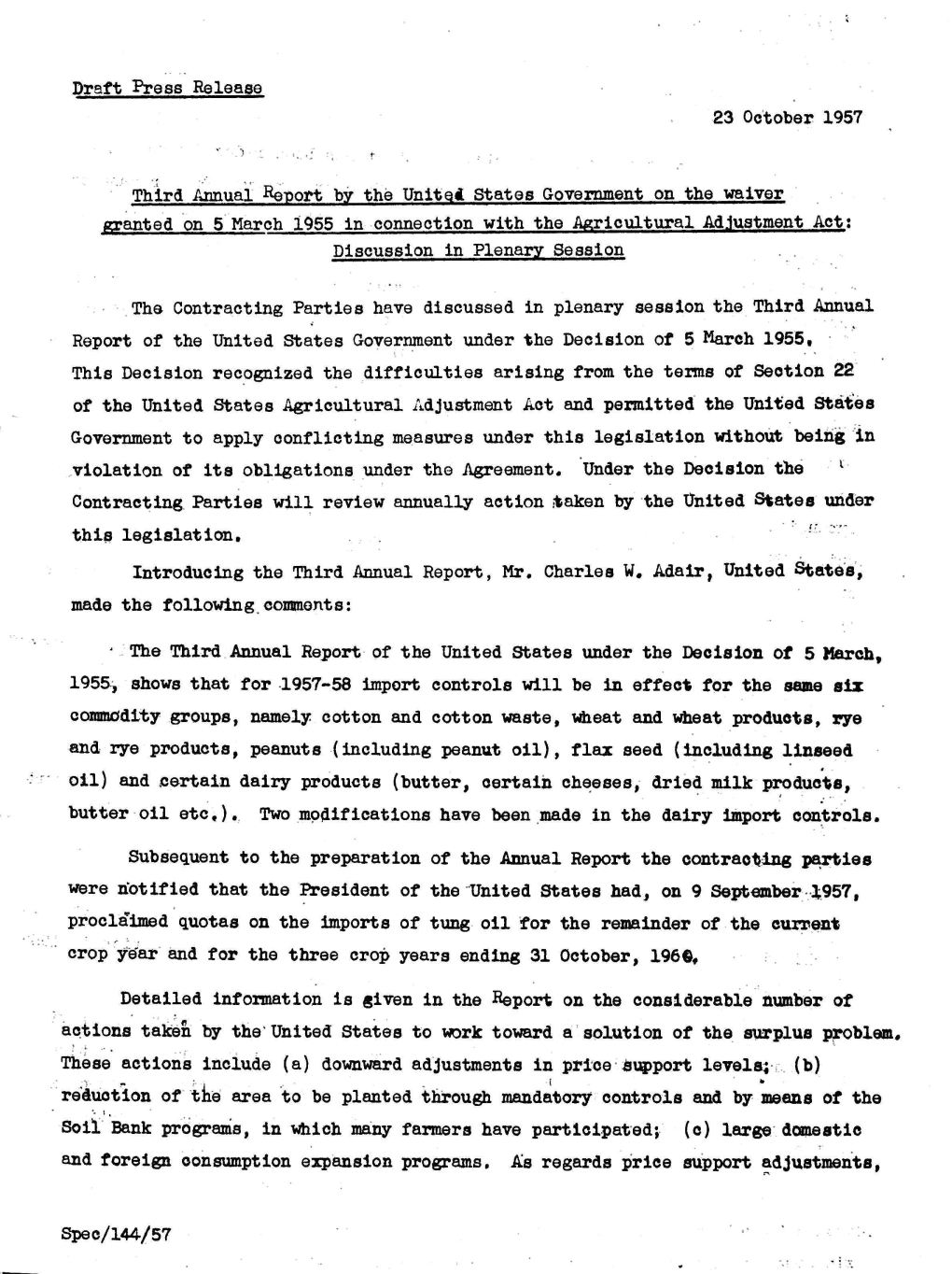 Draft Press Release 23 October 1957 Third Annual Report by the Unite
