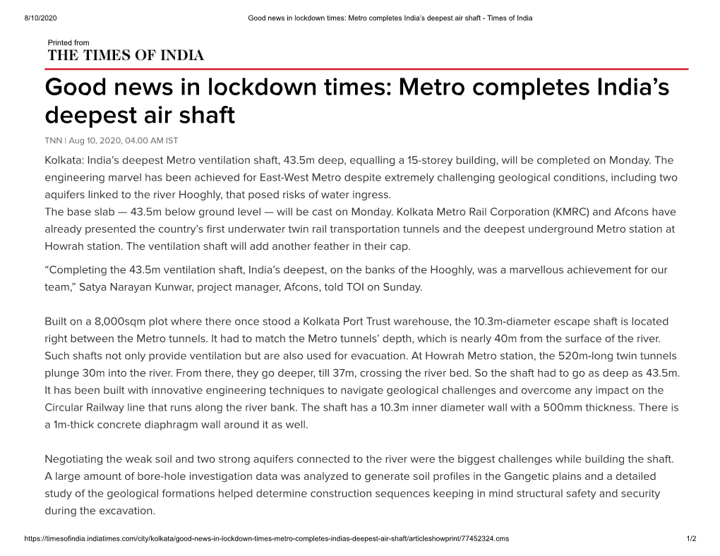 Good News in Lockdown Times: Metro Completes India's Deepest Air Shaft