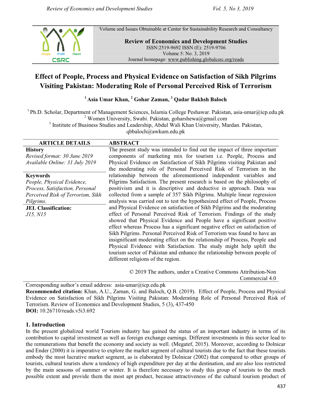 Effect of People, Process and Physical Evidence on Satisfaction of Sikh Pilgrims Visiting Pakistan: Moderating Role of Personal Perceived Risk of Terrorism