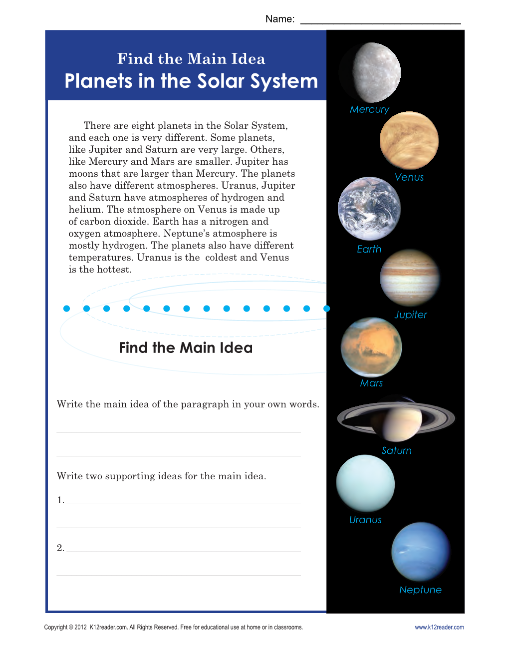 Main Idea Worksheets | Planets in the Solar System