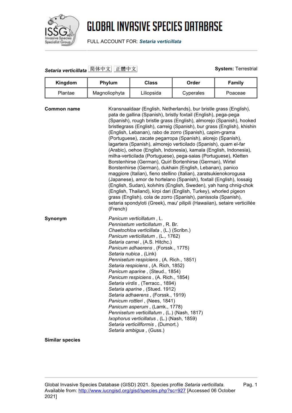 (GISD) 2021. Species Profile Setaria Verticillata. Avail